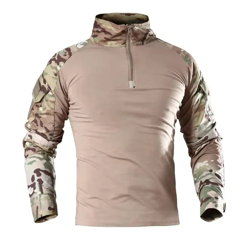 Men'S Long Sleeve Combat Shirt Zipper Ripstop Cotton Tactical Shirts Navy Blue Camoufalge Airsoft T Shirts