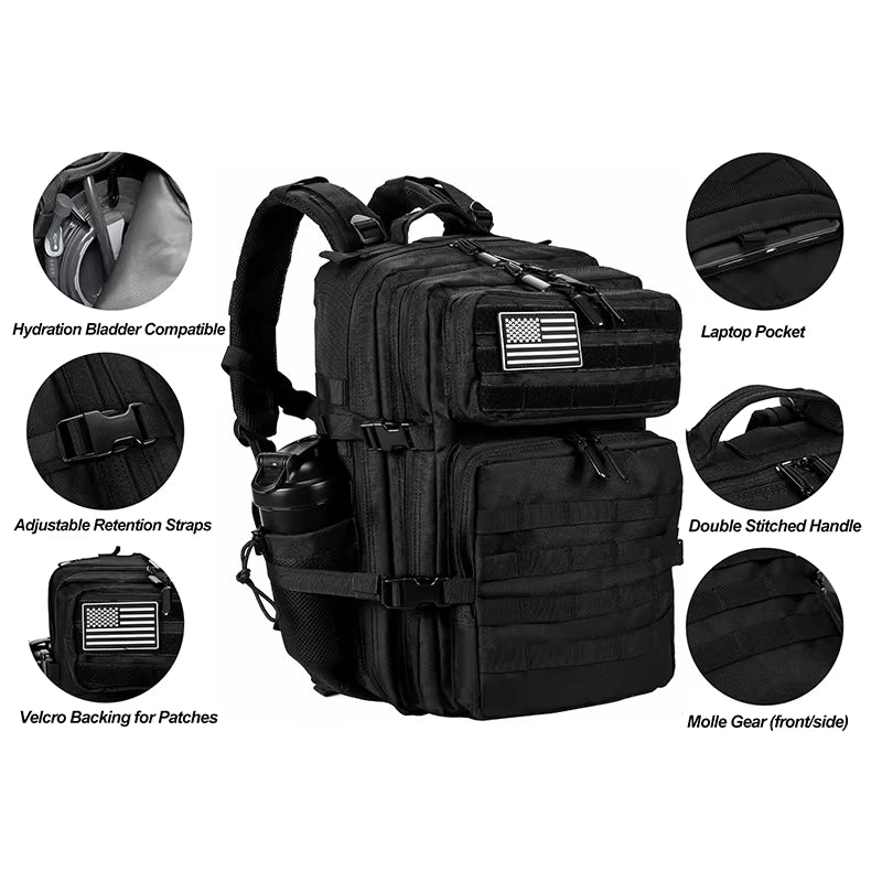 45L/35L/25L Tactical Backpack for Men and Women Waterproof Athlete Gym Outdoor Bag Travel Hiking Rucksack with Bottle Holder