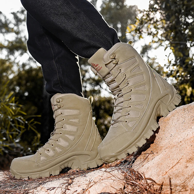 New High Quality Leather Men'S Work Boots High Help Men Desert Combat Boots Outdoor Non-Slip Hiking Shoes Men Motorcycle Boots