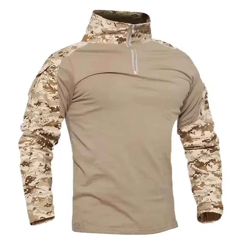 Men'S Long Sleeve Combat Shirt Zipper Ripstop Cotton Tactical Shirts Navy Blue Camoufalge Airsoft T Shirts