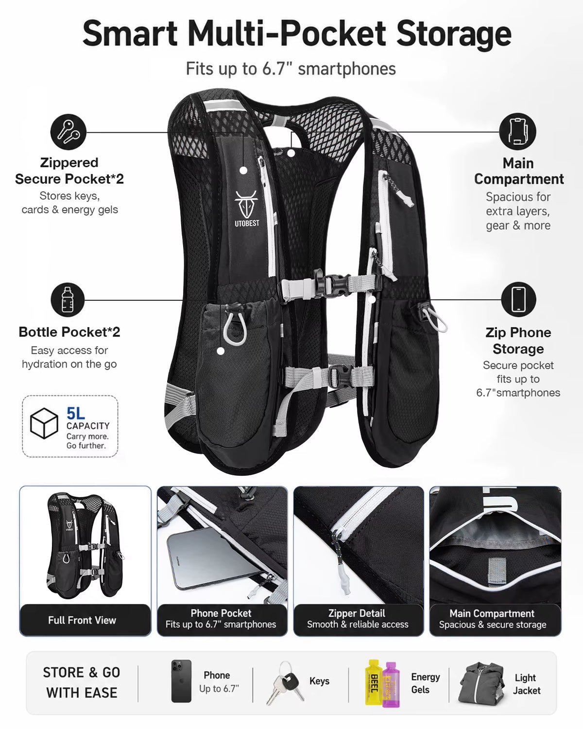 Trail Running Backpack 5L Ultra Lightweight Hydration Vest with 1.5L Water Bladder for Bicycle Marathon Hiking