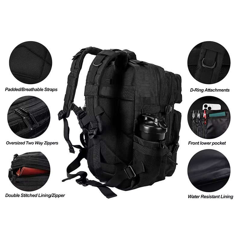 45L/35L/25L Tactical Backpack for Men and Women Waterproof Athlete Gym Outdoor Bag Travel Hiking Rucksack with Bottle Holder